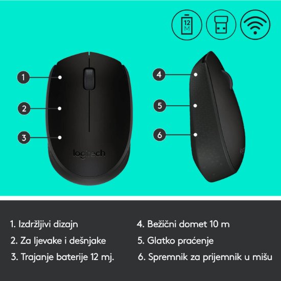 Miš LOGITECH B170, optički, 1000dpi, bežični, crni, USB
