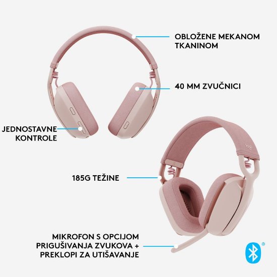 Slušalice LOGITECH Zone Vibe 100, bežične, BT, roze