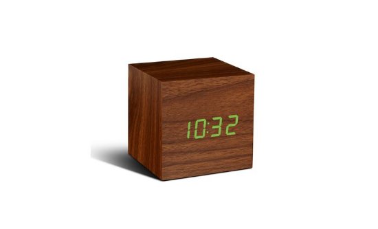 Digitalni sat GINGKO Cube Click Clock, budilica sa alarmom, zeleni LED, drveno kućište, orah