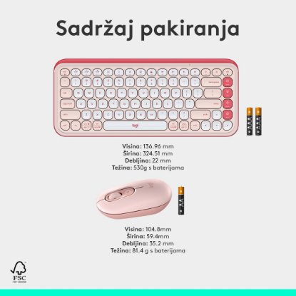 Tipkovnica + miš LOGITECH POP Icon Combo, bežična, US Layout, BT, rozo-bijela