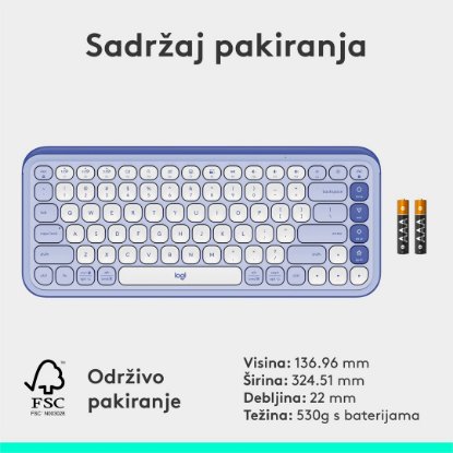 Tipkovnica LOGITECH POP Icon Keys, bežična, US Layout, BT, ljubičasto-bijela