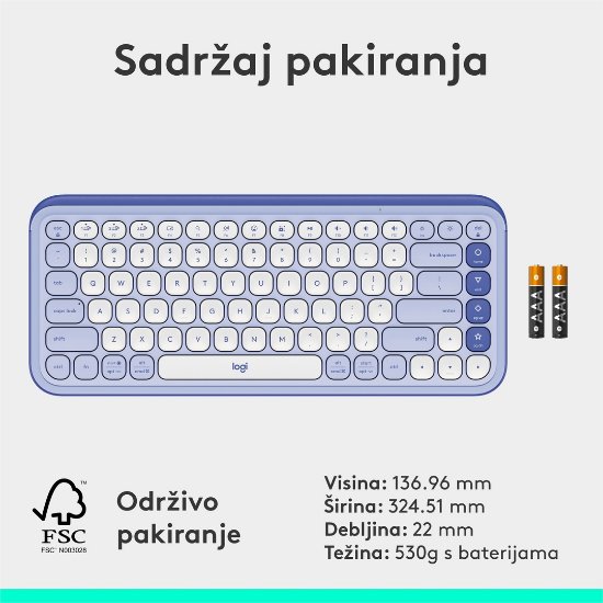 Tipkovnica LOGITECH POP Icon Keys, bežična, US Layout, BT, ljubičasto-bijela