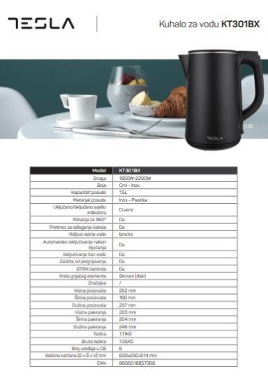 Kuhalo za vodu TESLA KT301BX, 2200 W, 1,5 l, crno