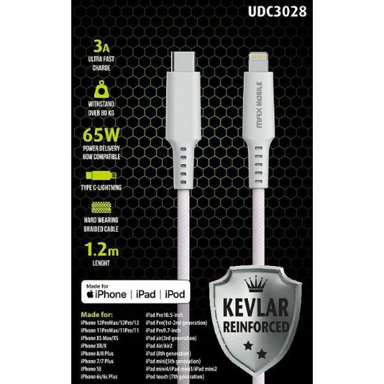Kabel MAXMOBILE, USB-C (M) na Lightning (M), MFI, kevlar, QC 3A, 1,2m, bijeli