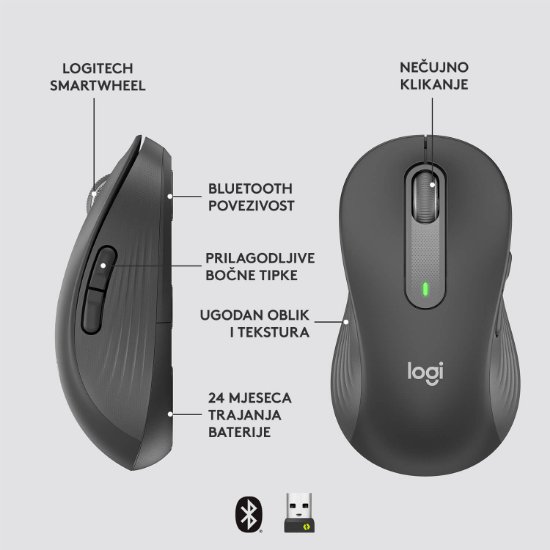 Miš LOGITECH M650 L, za ljevake, bežični, optički, 4000dpi, USB, BT, crni