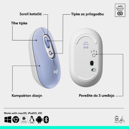 Miš LOGITECH POP, optički, bežični, USB, BT, 1000dpi, lila-bijeli