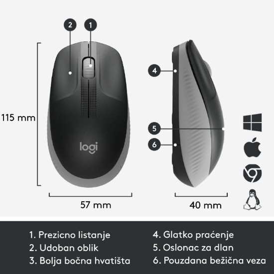 Miš LOGITECH M190, optički, bežični, 1000dpi, crno-sivi