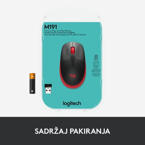 Miš LOGITECH M190, optički, bežični, 1000dpi, crno-crveni