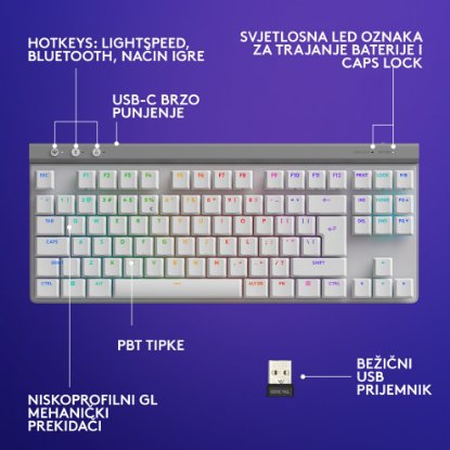 Tipkovnica LOGITECH Gaming G515 Lightspeed TKL, Tactile switch, RGB, mehanička, bežična, US Layout, USB, bijela