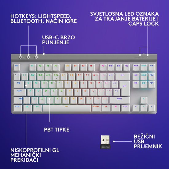Tipkovnica LOGITECH Gaming G515 Lightspeed TKL, Tactile switch, RGB, mehanička, bežična, US Layout, USB, bijela