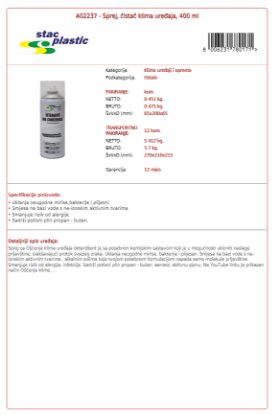 Sprej za čišćenje klima STAC PLASTIC A02237, 400 ml