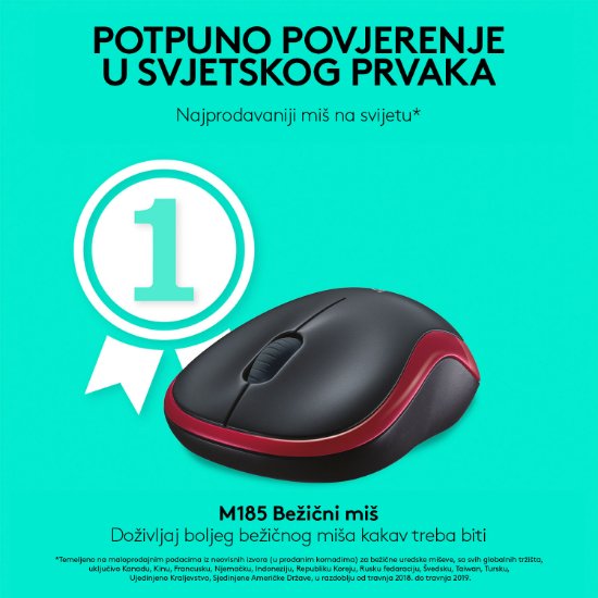 Miš LOGITECH M185, optički, bežični, 1000dpi, crno-crveni
