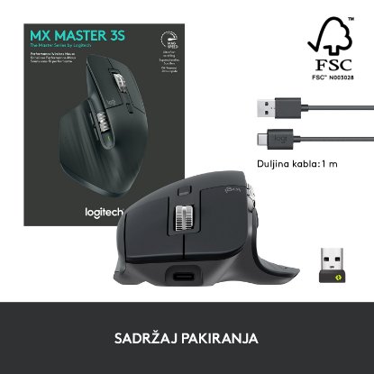 Miš LOGITECH MX Master 3S Performance, laserski, bežični, BT, USB, crni