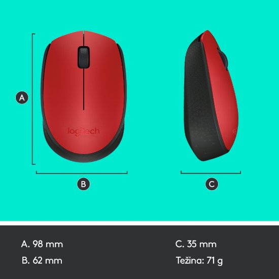 Miš LOGITECH M171, optički, bežični, crveni