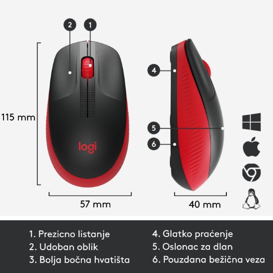 Miš LOGITECH M190, optički, bežični, 1000dpi, crno-crveni