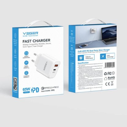 Kućni punjač VEGER CPD65E, 65W, USB-A, USB-C, QC3.0, bijeli