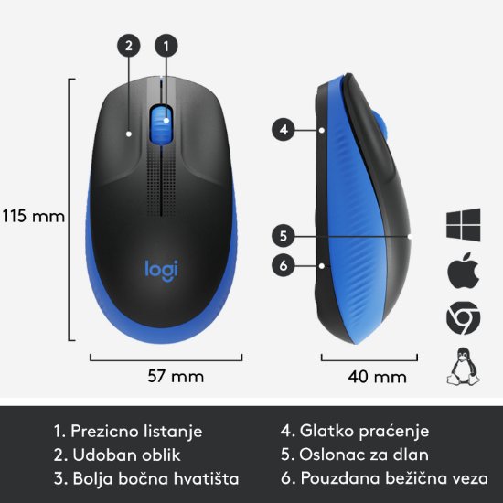 Miš LOGITECH M190, optički, bežični, 1000dpi, crno-plavi