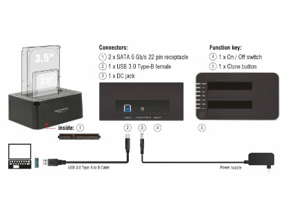 Docking station DELOCK, Dvostruka priključna stanica SATA HDD > USB 3.0 s funkcijom kloniranja, crni