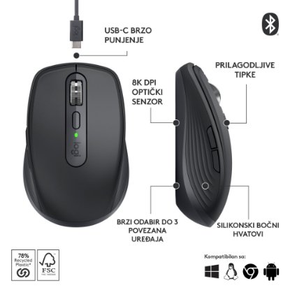 Miš LOGITECH MX Anywhere 3S, laserski, bežični, BT, graphite