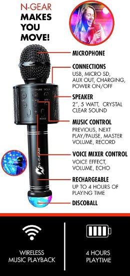 Mikrofon N-GEAR Sing Mic S20L, mikrofon i BT zvučnik + disco kugla, crni
