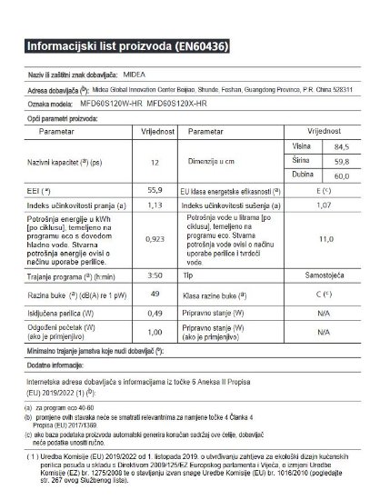 Perilica posuđa MIDEA MFD60S120X-HR, 60 cm, do 12 kompleta, energetski razred E