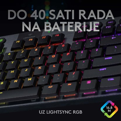 Tipkovnica LOGITECH Gaming G915 TKL Tenkeyless Lightspeed Linear, RGB, mehanička, bežična, UK Layout, USB, crna
