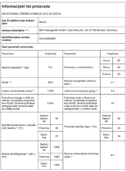 Perilica rublja BOSCH WAU28S60BY, 9 kg, 1400 o/min, iDOS, EcoSilence, AquaStop, energetski razred C, bijela