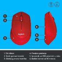 Miš LOGITECH M330 Silent Plus, optički, 1000dpi, bežični, crveni, USB