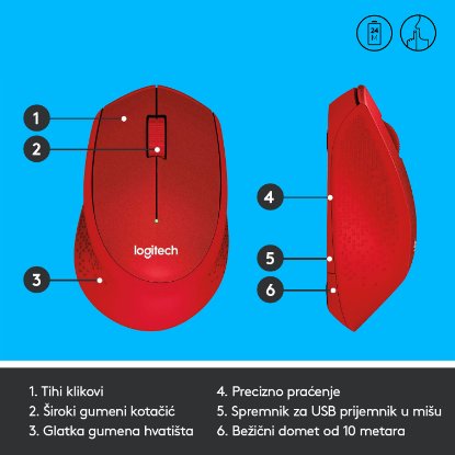 Miš LOGITECH M330 Silent Plus, optički, 1000dpi, bežični, crveni, USB