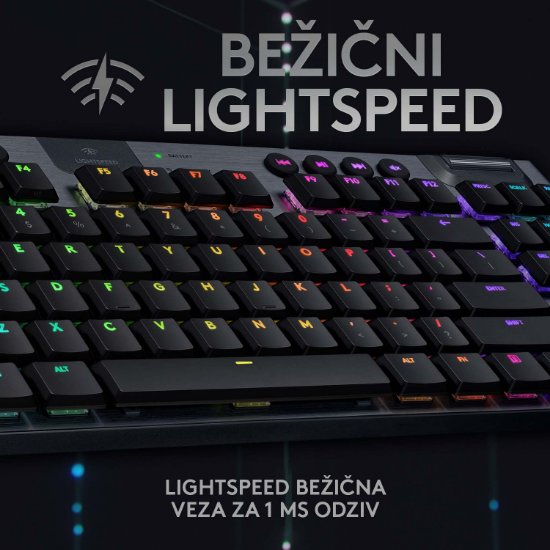 Tipkovnica LOGITECH Gaming G915 TKL Tenkeyless Lightspeed Linear, RGB, mehanička, bežična, UK Layout, USB, crna