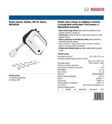 Mikser BOSCH MFQ4020, ručni, 450 W, Styline, bijeli