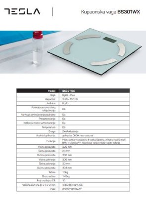Pametna vaga TESLA BS301WX, 180 kg, aplikacija OKOK, staklo, bijela