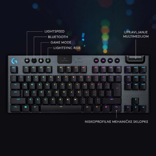 Tipkovnica LOGITECH Gaming G915 TKL Tenkeyless Lightspeed Linear, RGB, mehanička, bežična, UK Layout, USB, crna