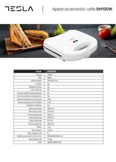 Toster TESLA SM100W, preklopni, za sendviče, 750 W, 205 C, bijeli