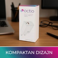 Kućni punjač OCTIO Volta AC65W Dual GaN, USB-A + USB-C, PD 65W, bijeli