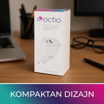 Kućni punjač OCTIO Volta AC65W Dual GaN, USB-A + USB-C, PD 65W, bijeli