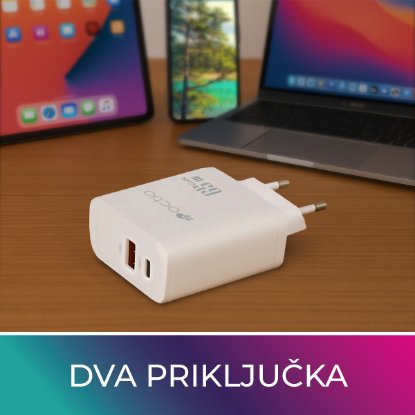 Kućni punjač OCTIO Volta AC65W Dual GaN, USB-A + USB-C, PD 65W, bijeli