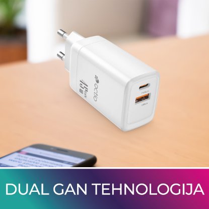 Kućni punjač OCTIO Volta AC45W Dual GaN, USB-A + USB-C, PD 45W, bijeli