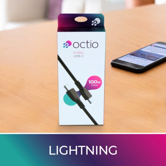 Kabel OCTIO USB-C (M) na USB-C (M), 100W, crni, 1m