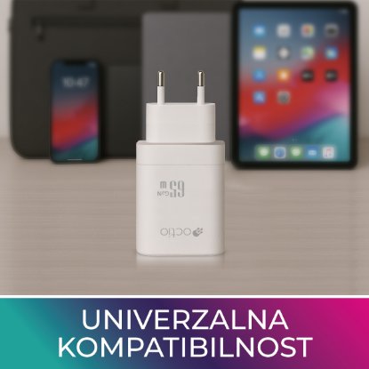 Kućni punjač OCTIO Volta AC65W Dual GaN, USB-A + USB-C, PD 65W, bijeli
