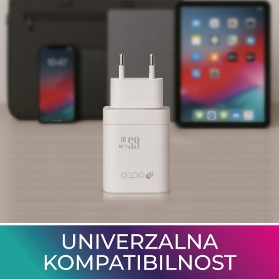 Kućni punjač OCTIO Volta AC65W Dual GaN, USB-A + USB-C, PD 65W, bijeli