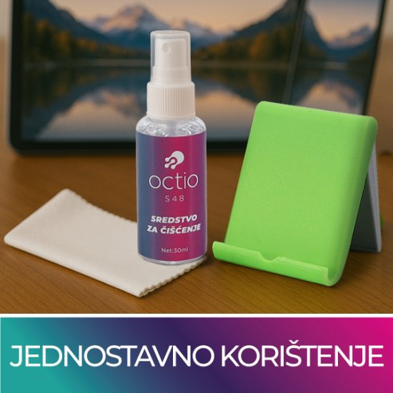 Sredstvo za čišćenje OCTIO S48, za čišćenje ekrana mobitela, 30ml, krpica, stalak