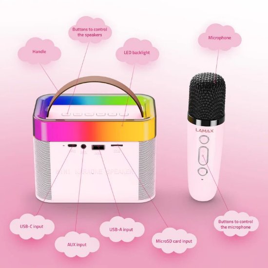 Karaoke LAMAX KaraokeKid1, 10W, LED, mikrofon, roze