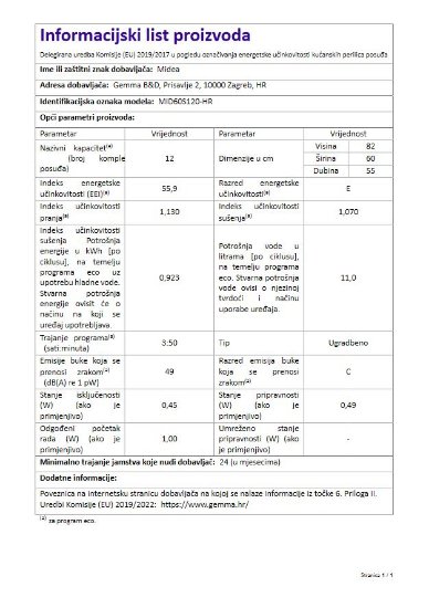 Ugradbena perilica posuđa MIDEA MID60S120-HR, 60 cm, 12 kompleta, energetski razred E, inox