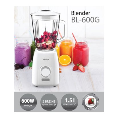 Blender VIVAX HOME BL-600G, 600W, 1,5 L stakleni vrč, 2 brzine + pulse funkcija, funkcija drobljenja leda
