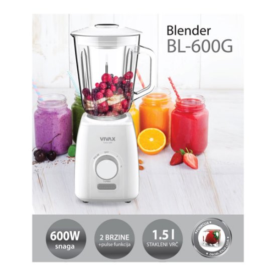 Blender VIVAX HOME BL-600G, 600W, 1,5 L stakleni vrč, 2 brzine + pulse funkcija, funkcija drobljenja leda