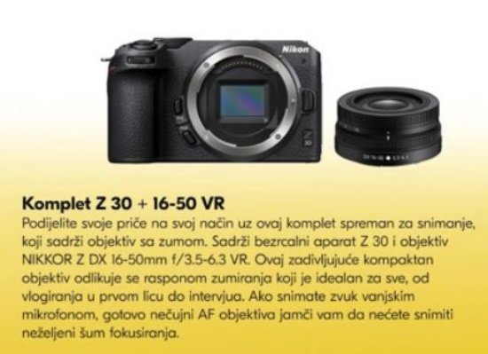 Digitalni fotoaparat NIKON Z30 + 16-50VR, 20,9 Mp, DX CMOS senzor, 4K Ultra HD, crni