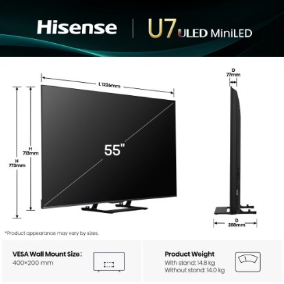 Mini-LED TV 55" HISENSE 55U7Q, Smart TV, 4K UHD, DVB-T2/C/S2, USB, Wi-Fi, BT, crni - energetski razred E