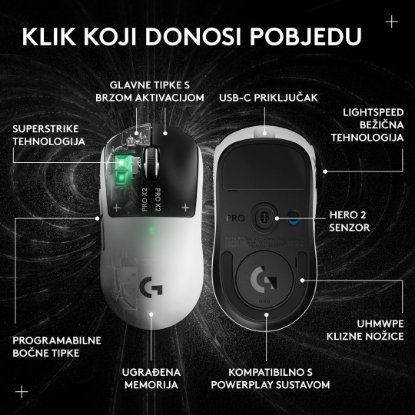 Miš LOGITECH Pro X2 Superstrike, bežični, optički, 44000dpi, bijeli, USB - Preorder