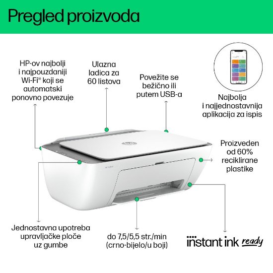 Multifunkcijski printer HP DeskJet 2820e, 588K9B, printer/scanner/copy, 1200dpi, Wi-Fi, USB, Instant Ink, bijeli